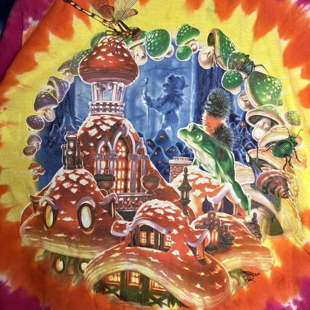 Vintage Liquid Blue T-Shirt Medium Tie Dye Gnome Elf Psychedelic Mushrooms 1999 - Picture 8 of 9